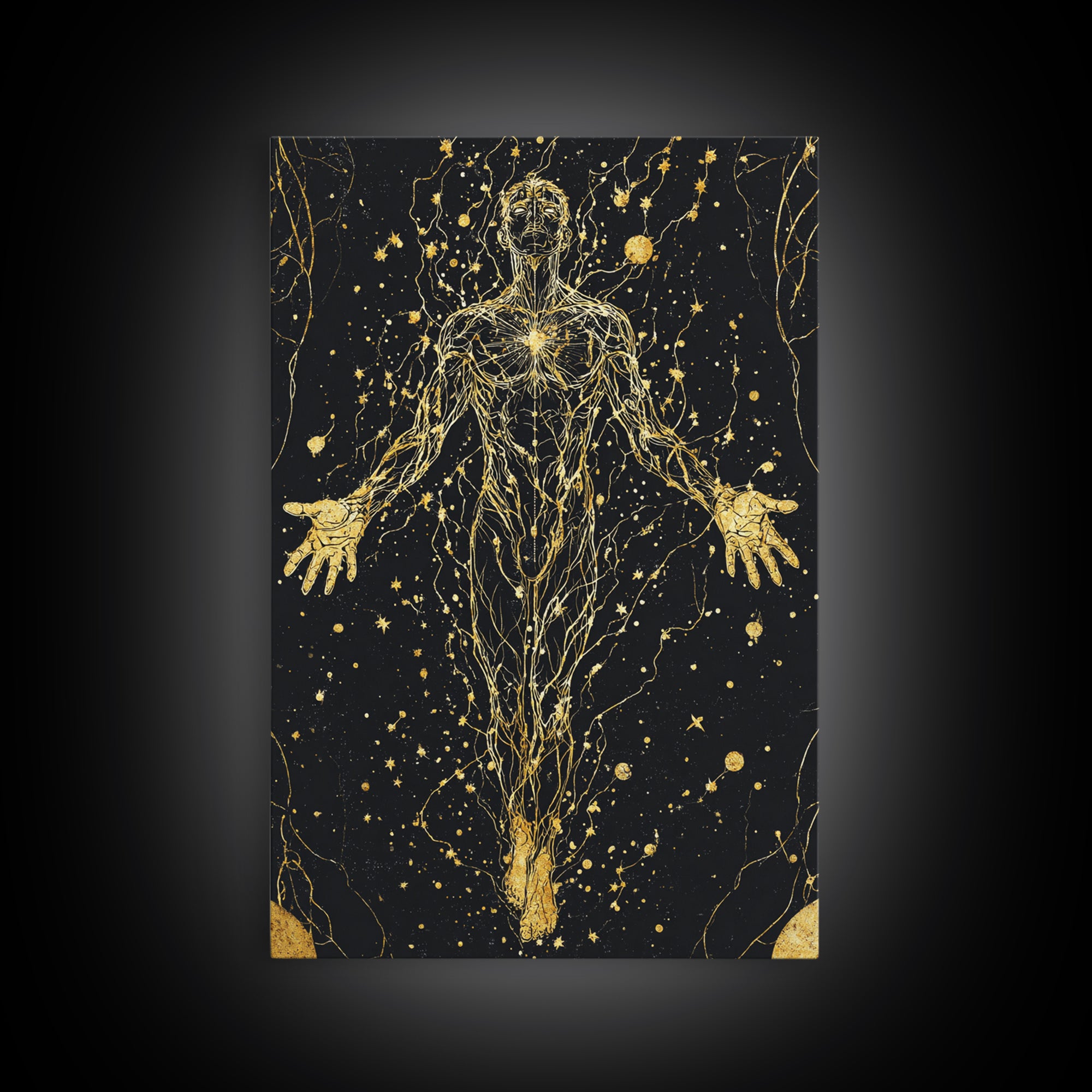 Canvas Gold Canvas Print, Cosmic Human Energy Lines Art, Spiritual Awakening Wall Decor, Astral Mythology Artwork, Real Wood Frame