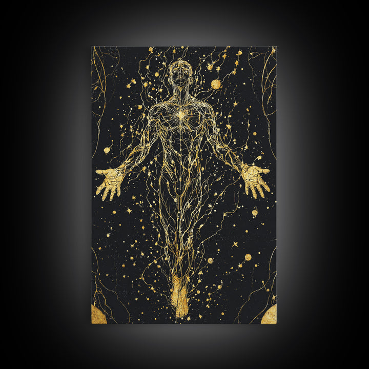 Canvas Gold Canvas Print, Cosmic Human Energy Lines Art, Spiritual Awakening Wall Decor, Astral Mythology Artwork, Real Wood Frame