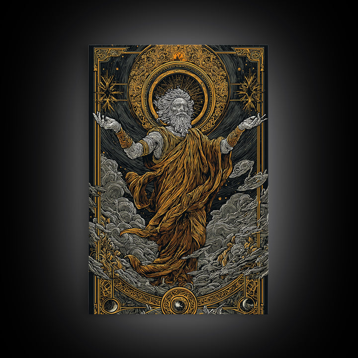 Canvas Gold Canvas Print, Ancient God Ascension Art, Mythology Divine Figure Wall Decor, Celestial Power Artwork, Real Wood Frame