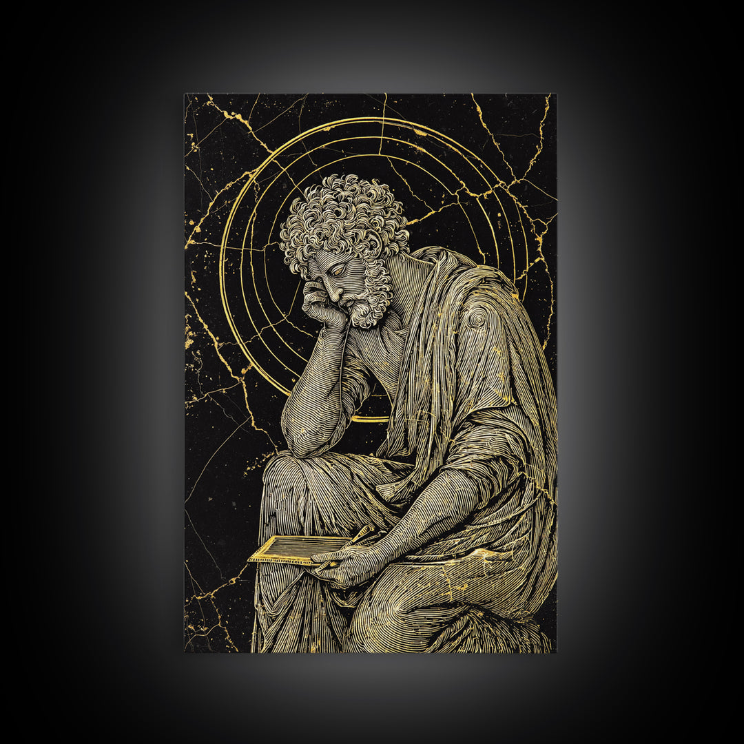 Canvas Gold Canvas Print, Stoic Philosopher Sitting Art, Ancient Thinker Wall Decor, Roman Wisdom Artwork, Real Wood Frame