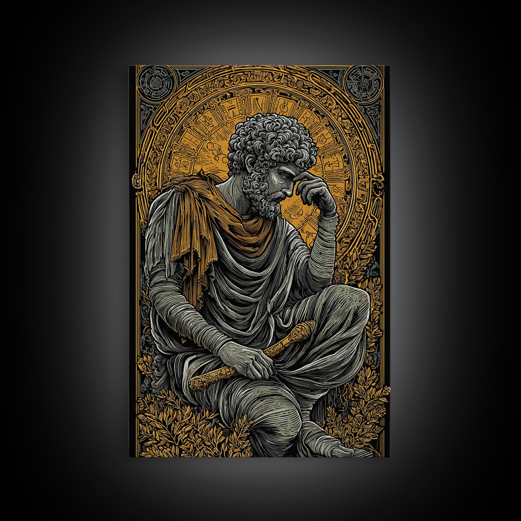 Canvas Gold Canvas Print, Greek Philosopher Statue Art, Ancient Wisdom Wall Decor, Classical Thinker Artwork, Real Wood Frame