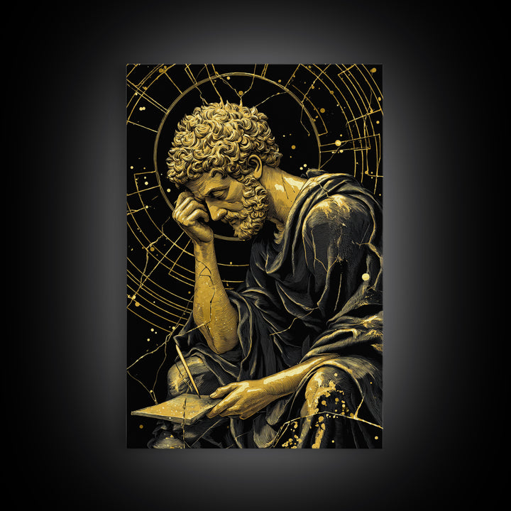 Canvas Gold Canvas Print, Pensive Philosopher Study Art, Ancient Scholar Wall Decor, Roman Thinker Artwork, Real Wood Frame