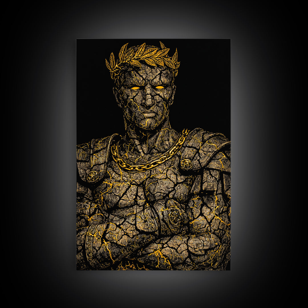 Roman Emperor Bust Canvas Gold Canvas Print, Mythology Wall Art, Regal Warrior Portrait, Classical Decor, Real Wood Frame