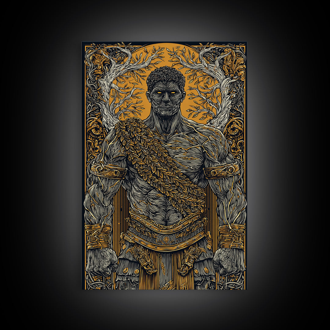 Roman Warrior Canvas Gold Canvas Print, Ancient Strength Wall Art, Mythology Inspired Decor, Luxury Home Accent, Real Wood Frame