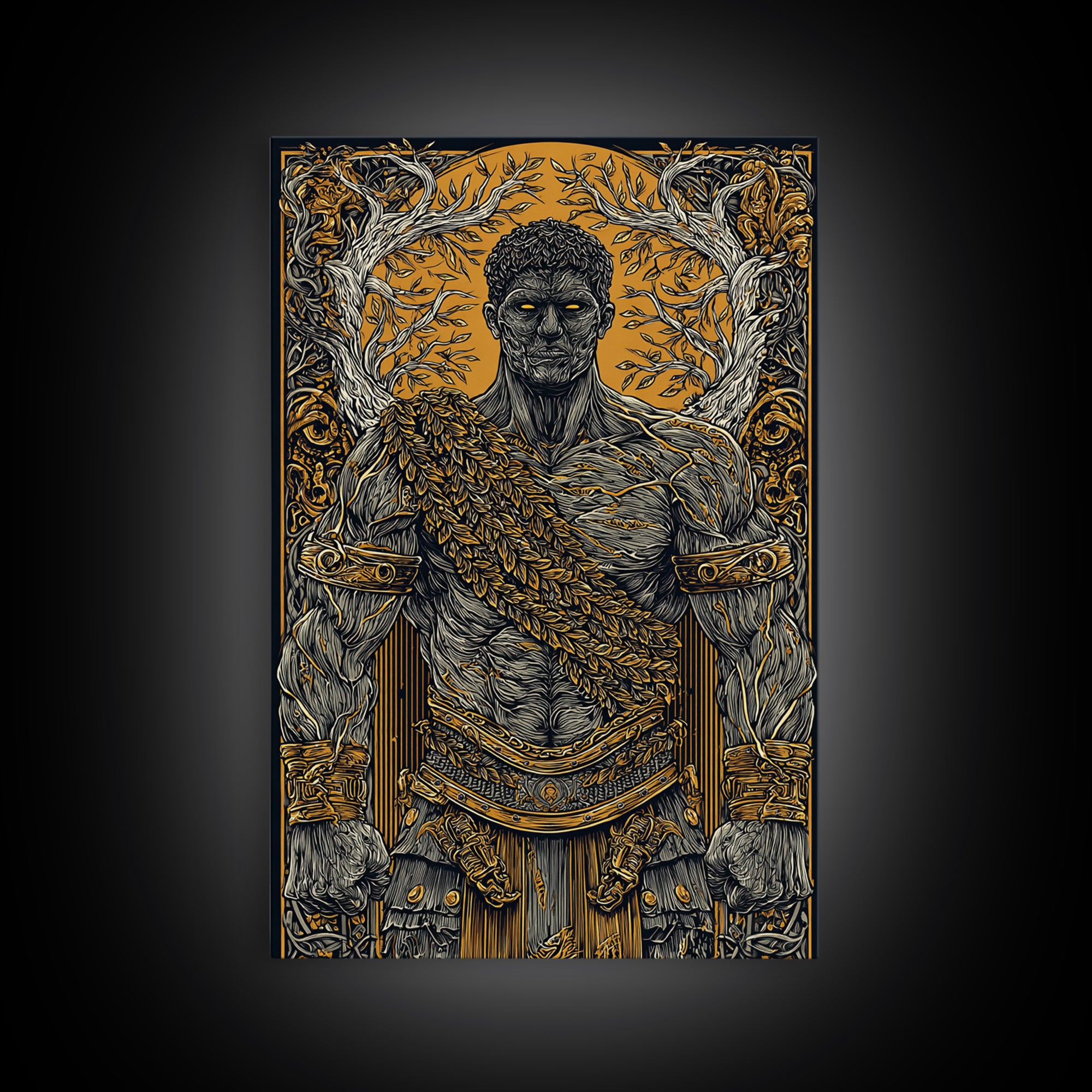 Roman Warrior Canvas Gold Canvas Print, Ancient Strength Wall Art, Mythology Inspired Decor, Luxury Home Accent, Real Wood Frame