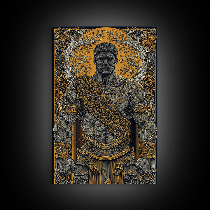Roman Warrior Canvas Gold Canvas Print, Ancient Strength Wall Art, Mythology Inspired Decor, Luxury Home Accent, Real Wood Frame