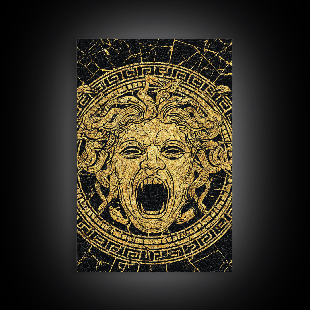 Medusa Head Canvas Gold Canvas Print, Mythology Wall Art, Snake Hair Monster Decor, Greek Legend Artwork, Real Wood Frame
