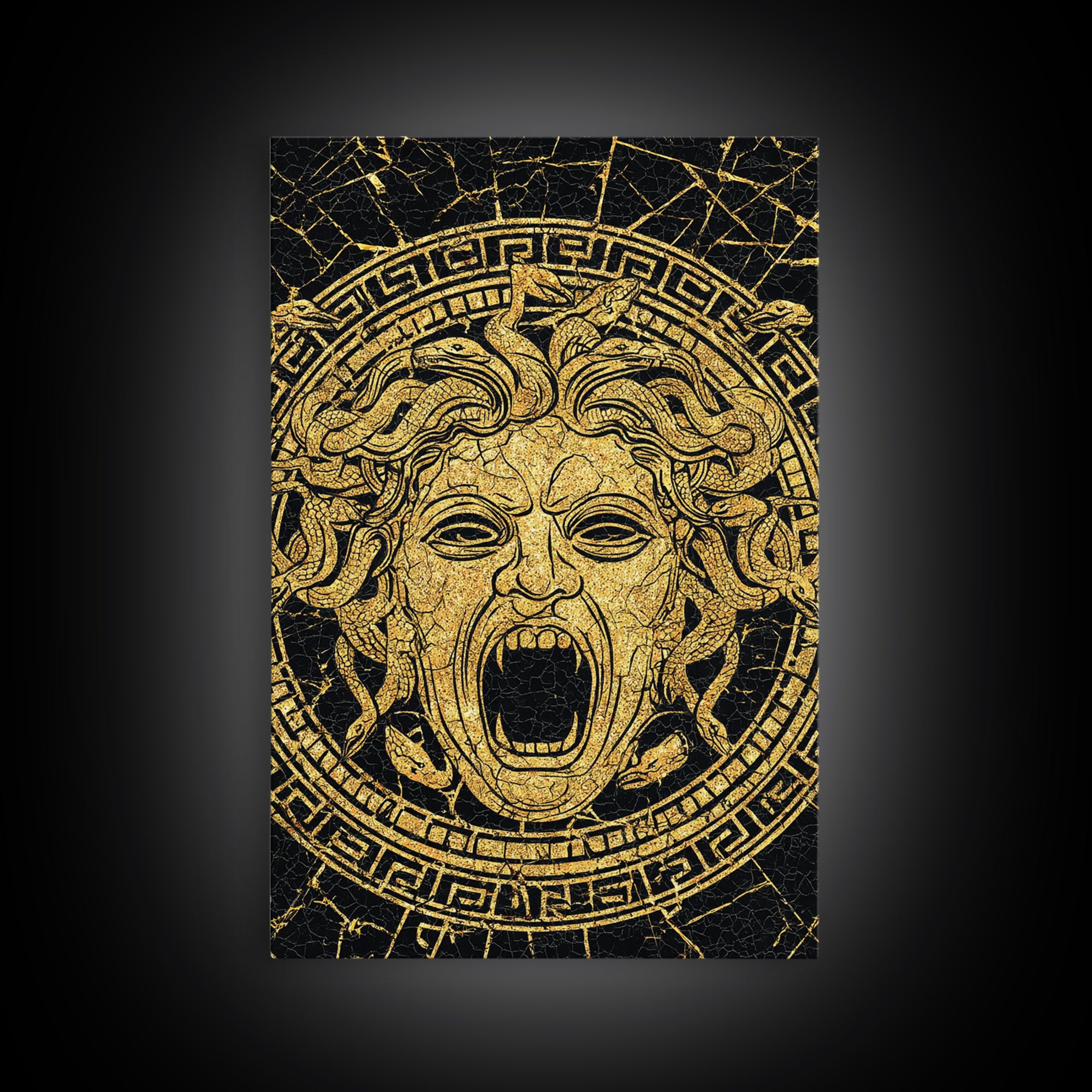 Medusa Head Canvas Gold Canvas Print, Mythology Wall Art, Snake Hair Monster Decor, Greek Legend Artwork, Real Wood Frame