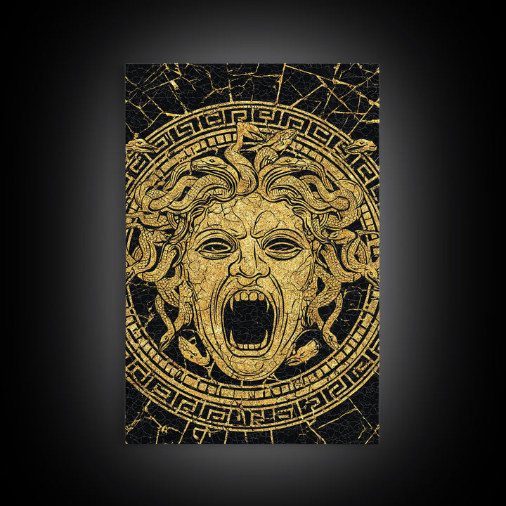 Medusa Head Canvas Gold Canvas Print, Mythology Wall Art, Snake Hair Monster Decor, Greek Legend Artwork, Real Wood Frame