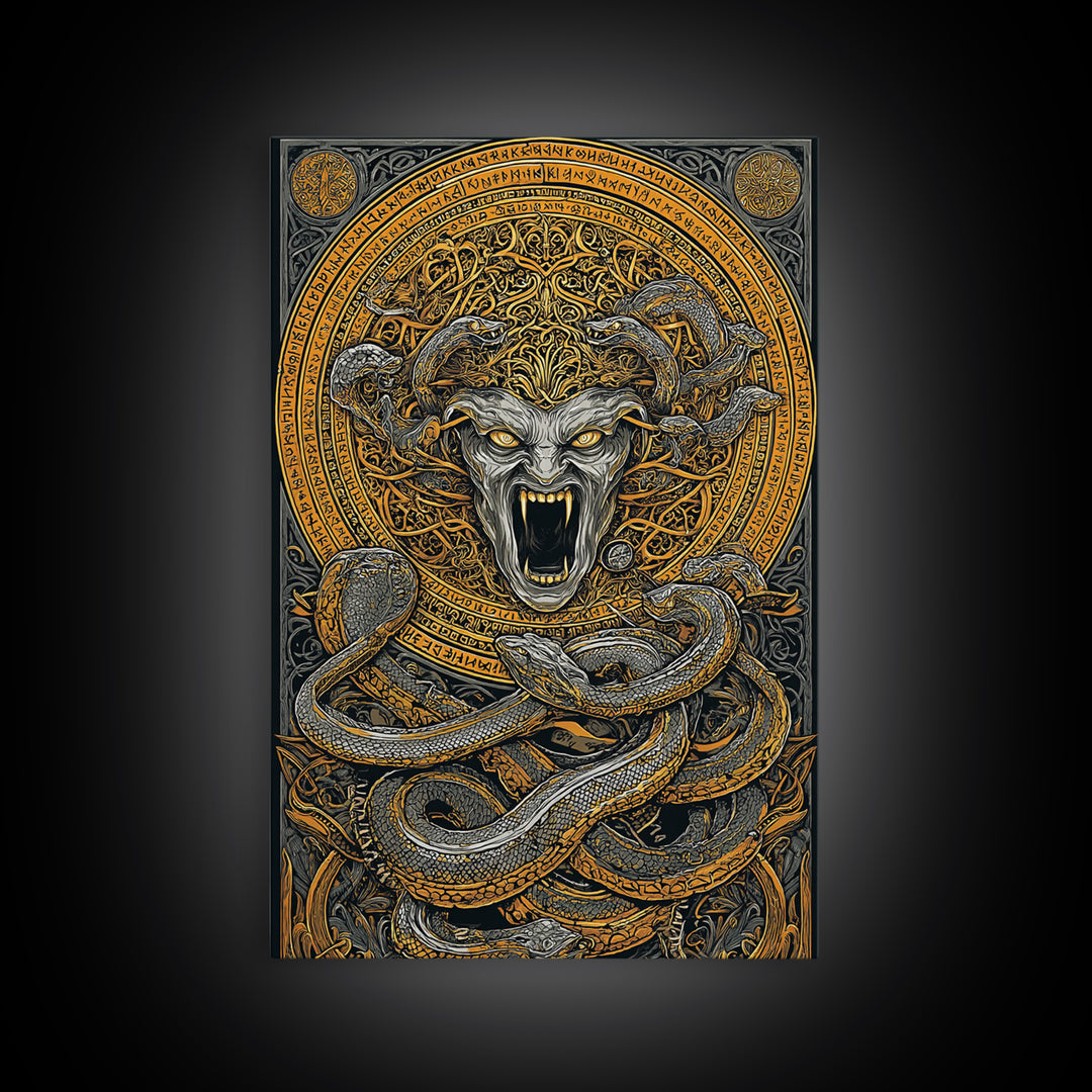 Medusa Serpent Canvas Gold Canvas Print, Mythology Wall Art, Fierce Gorgon Decor, Greek Goddess Inspired Artwork, Real Wood Frame