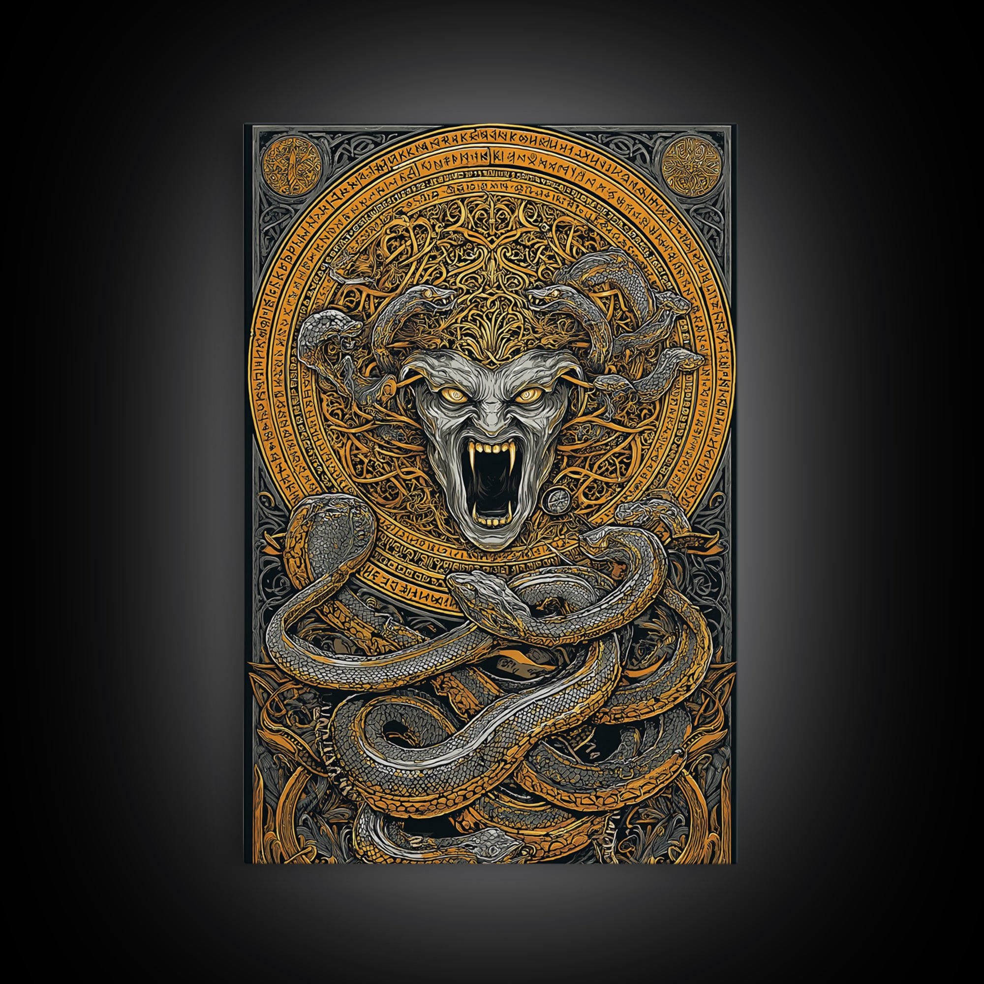 Medusa Serpent Canvas Gold Canvas Print, Mythology Wall Art, Fierce Gorgon Decor, Greek Goddess Inspired Artwork, Real Wood Frame
