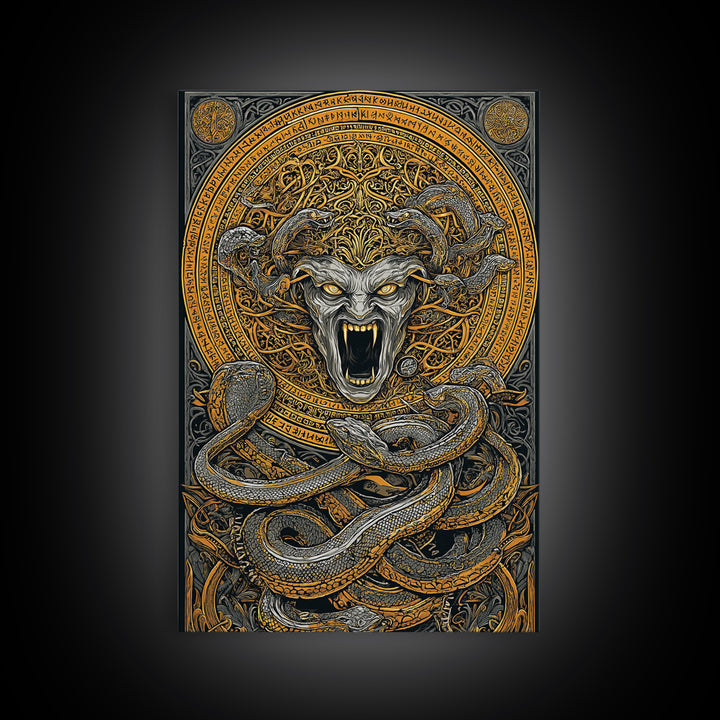 Medusa Serpent Canvas Gold Canvas Print, Mythology Wall Art, Fierce Gorgon Decor, Greek Goddess Inspired Artwork, Real Wood Frame
