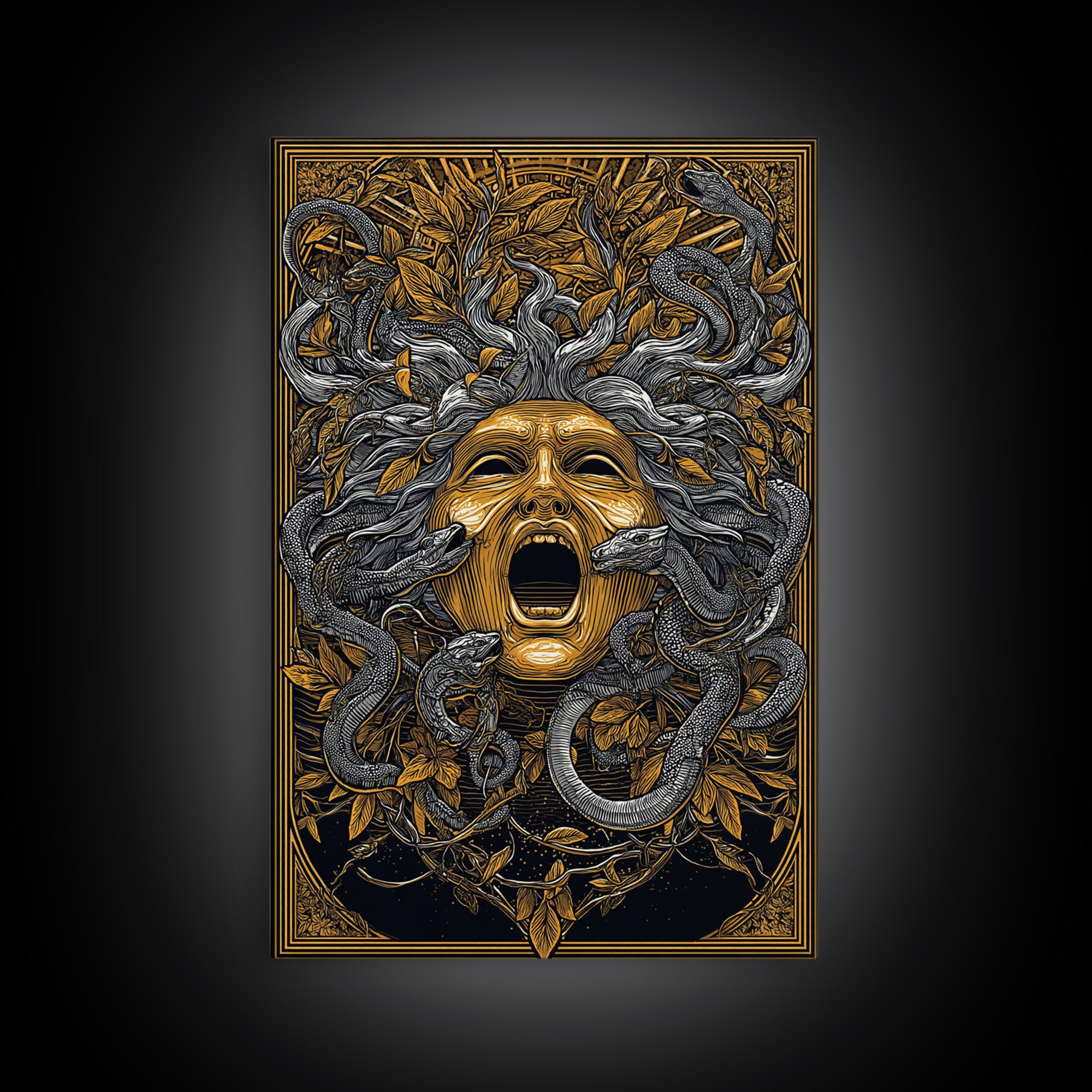 Medusa Mask Canvas Gold Canvas Print, Snake Hair Wall Art, Mythology Decor, Greek Gorgon Artwork, Intricate Myth Print, Real Wood Frame