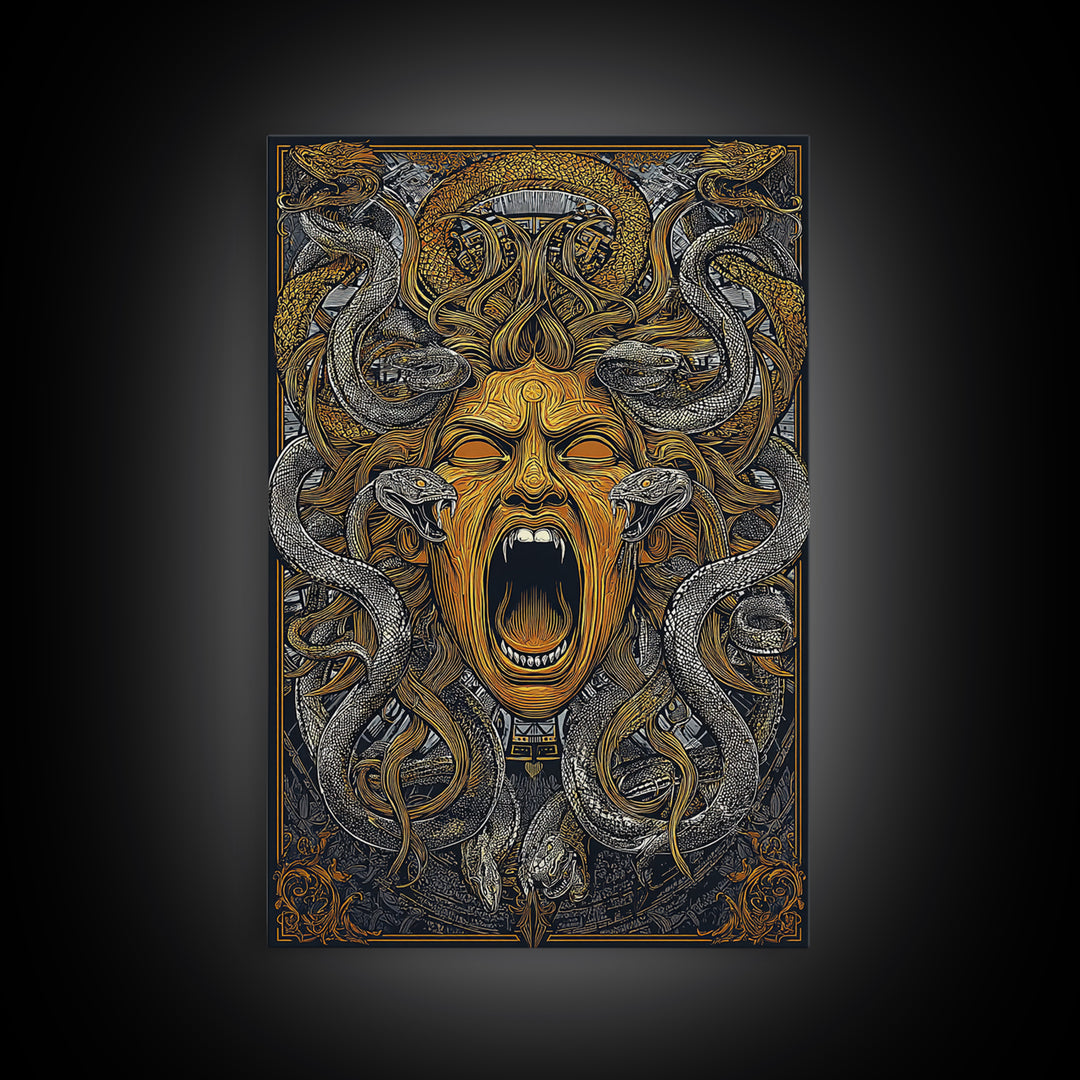 Medusa Snakes Canvas Gold Canvas Print, Mythology Wall Art, Fierce Gorgon Decor, Ancient Greek Inspired Artwork, Real Wood Frame