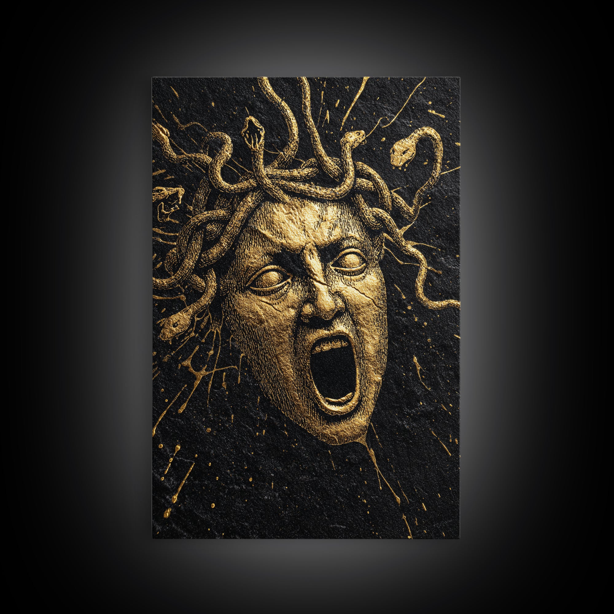 Medusa Face Canvas Gold Canvas Print, Mythology Wall Art, Serpent Haired Gorgon Decor, Dark Fantasy Greek Artwork, Real Wood Frame