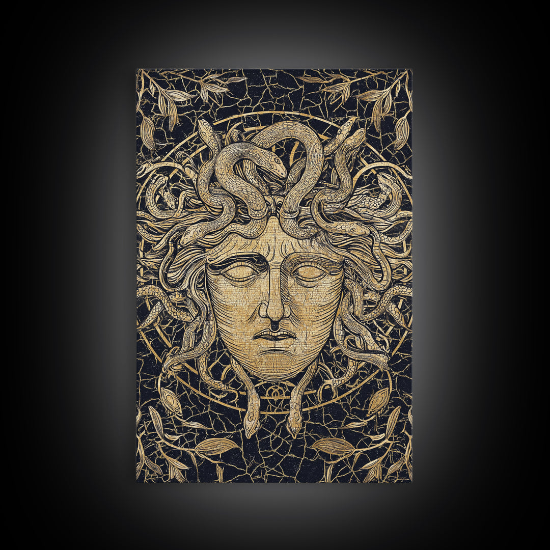 Medusa Head Canvas Gold Art, Mythology Wall Print, Snake Hair Decor, Fierce Ancient Greek Gorgon Artwork, Real Wood Frame