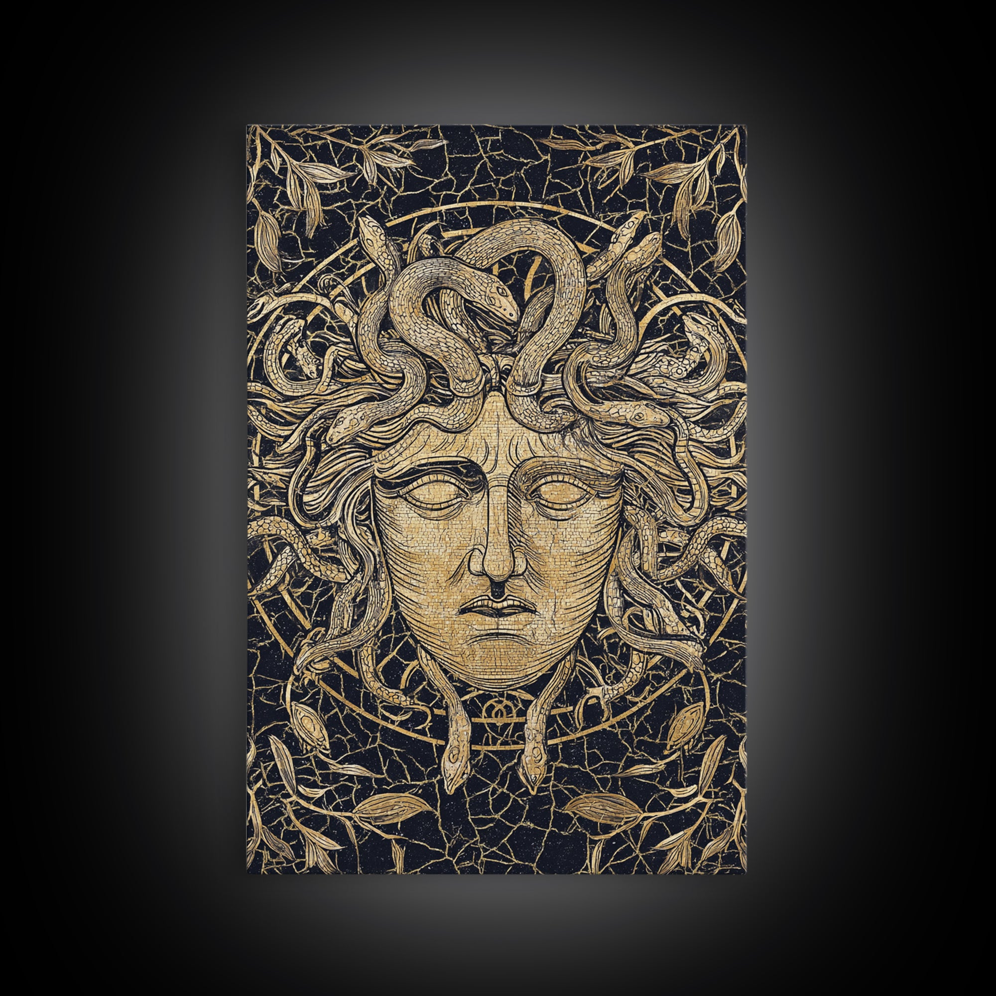 Medusa Head Canvas Gold Art, Mythology Wall Print, Snake Hair Decor, Fierce Ancient Greek Gorgon Artwork, Real Wood Frame