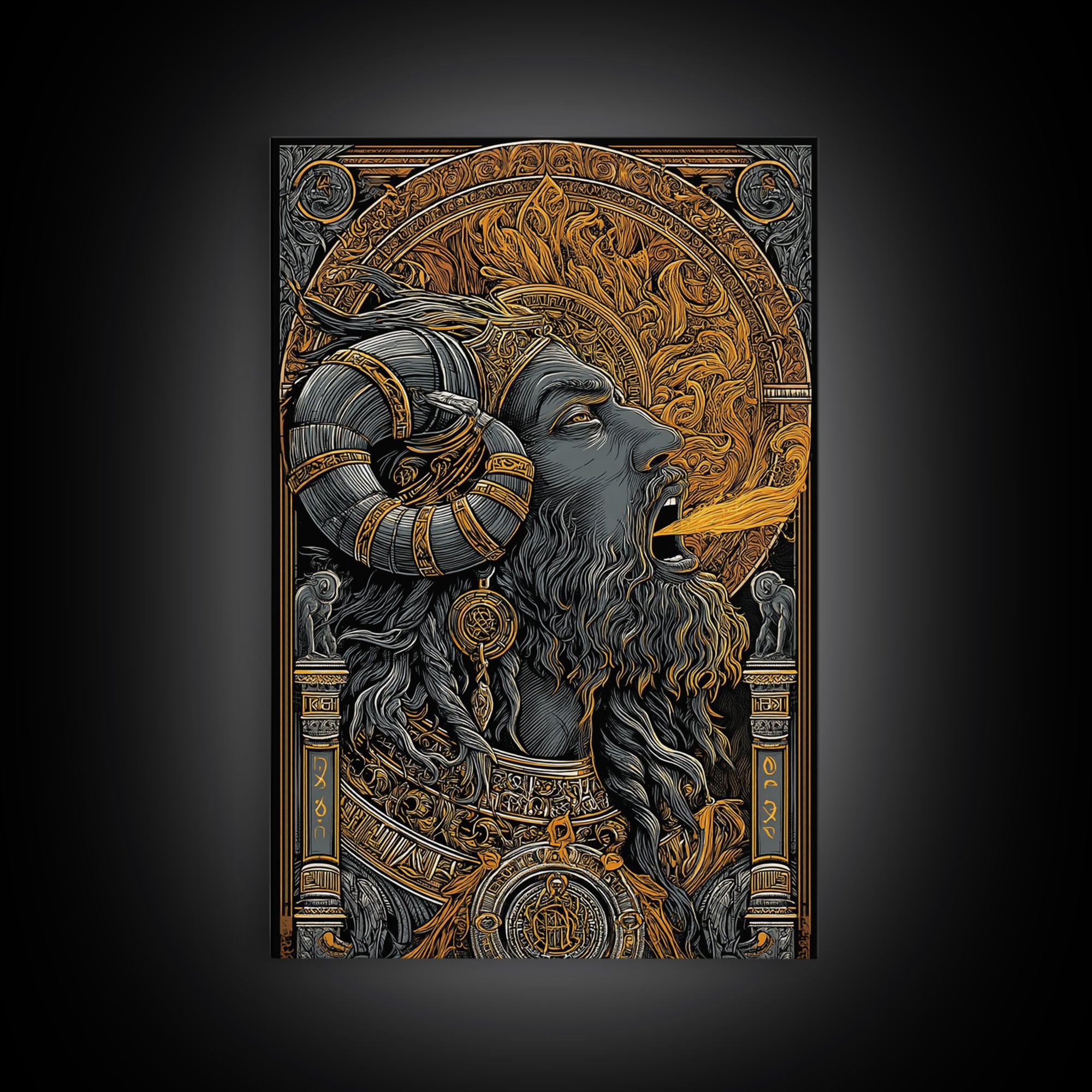 Horned God Canvas Gold Canvas Print, Mythology Wall Art, Fire Breathing Deity Decor, Pagan Inspired Spiritual Artwork, Real Wood Frame