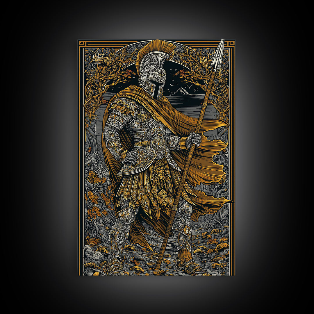 Ancient Hero Canvas Gold Canvas Print, Mythological Warrior Art, Classical Armor Wall Decor, Fantasy Epic Artwork Real Wood Frame