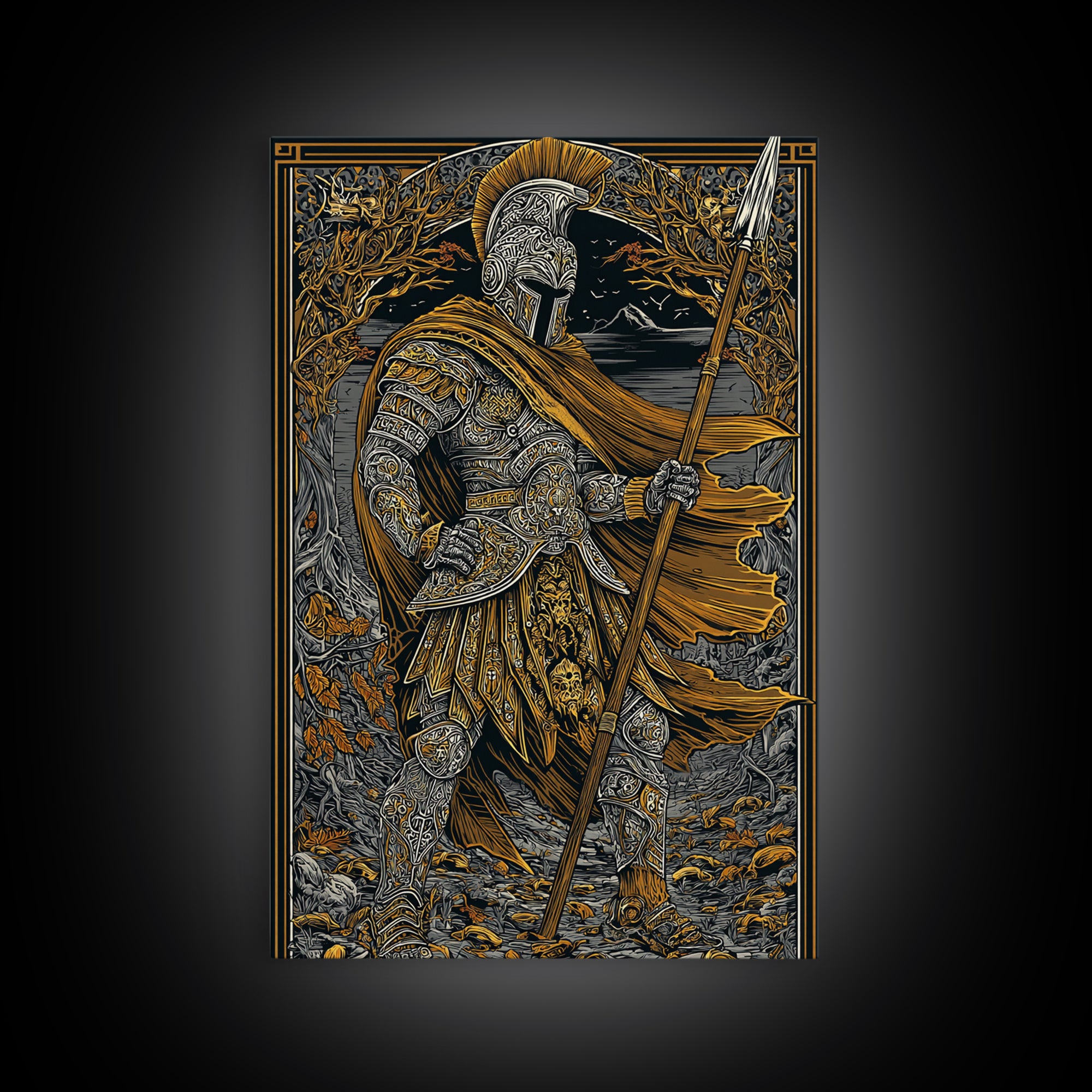 Ancient Hero Canvas Gold Canvas Print, Mythological Warrior Art, Classical Armor Wall Decor, Fantasy Epic Artwork Real Wood Frame