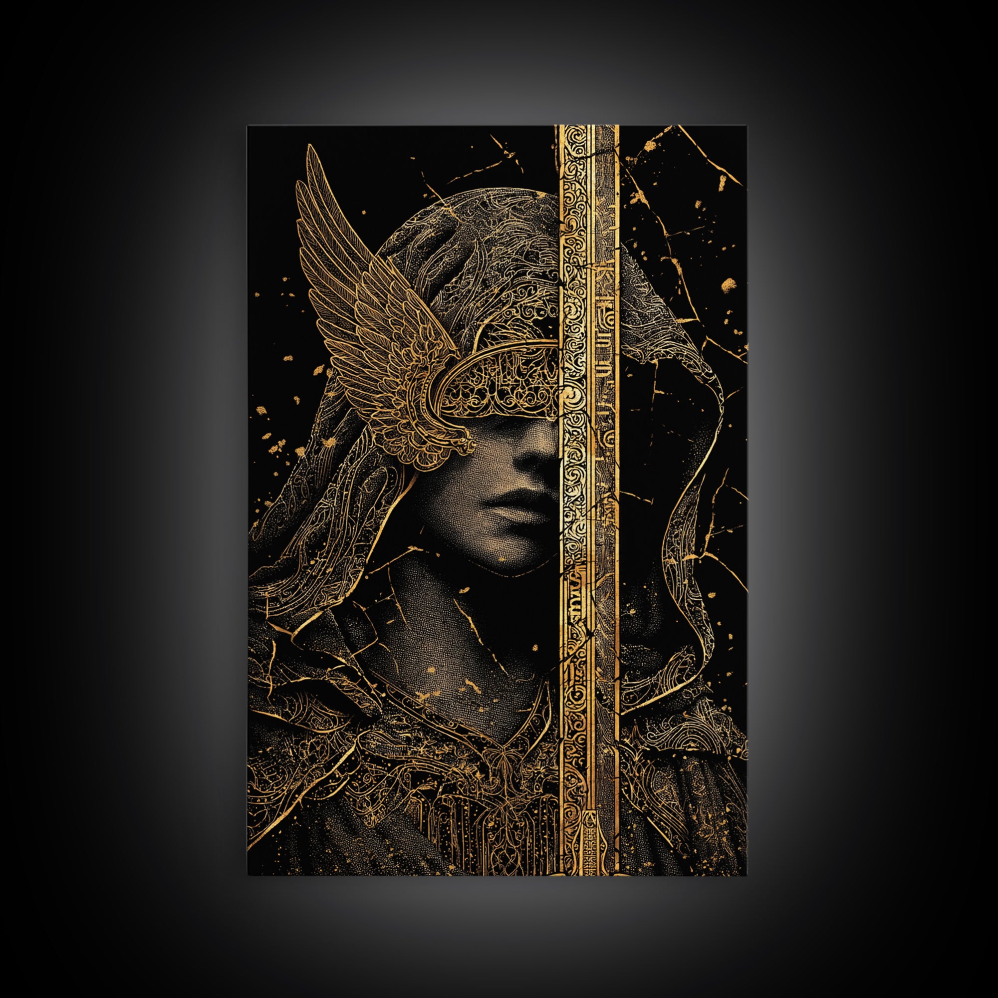 Medusa Mythical Creature Canvas Gold Canvas Print, Ancient Serpent Goddess Art, Classical Monster Wall Decor Real Wood Frame