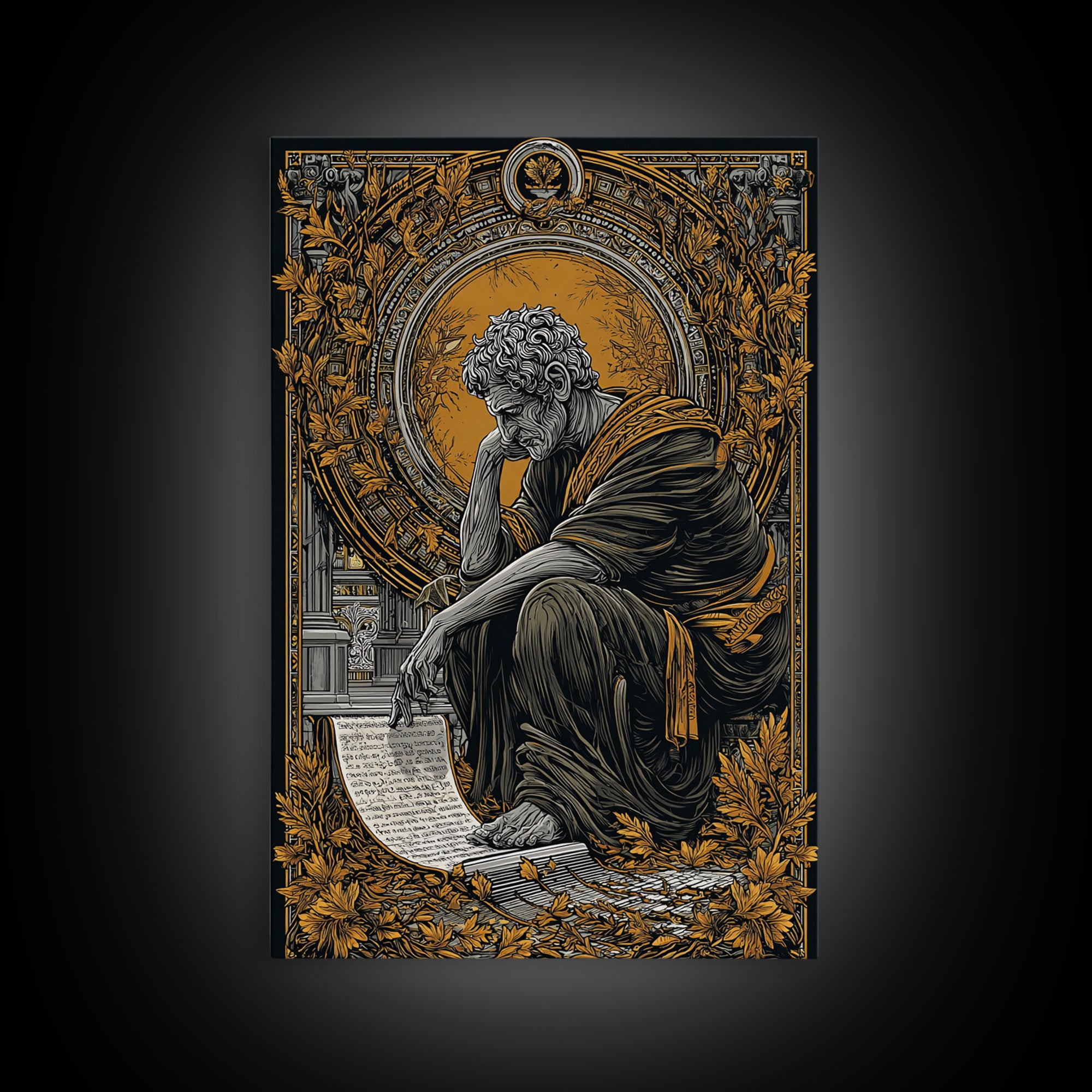 Horned God Canvas Gold Canvas Print, Mythical Warrior Wall Art, Ancient Deity With Flames Artwork, Fantasy Myth Decor Real Wood Frame