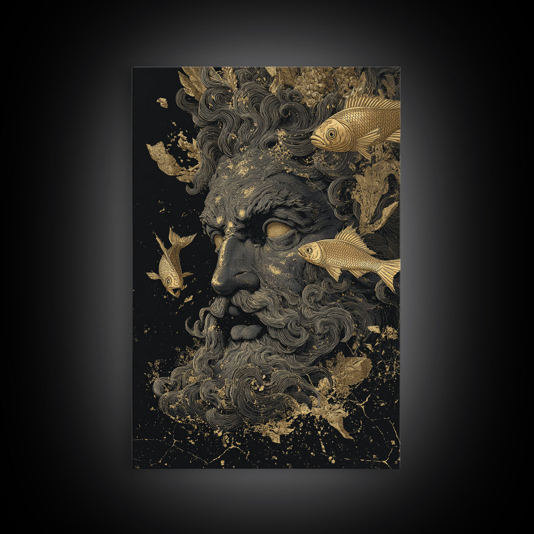 Ocean God Oceanus Canvas Gold Canvas Print, Greek Mythology Sea Deity Art, Real Wood Frame, Elegant Nautical Wall Decor