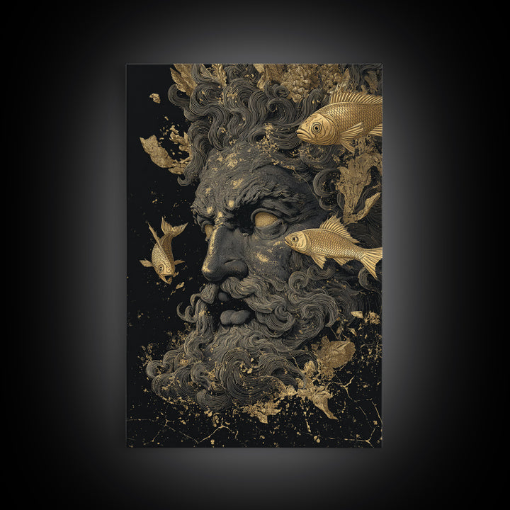 Ocean God Oceanus Canvas Gold Canvas Print, Greek Mythology Sea Deity Art, Real Wood Frame, Elegant Nautical Wall Decor