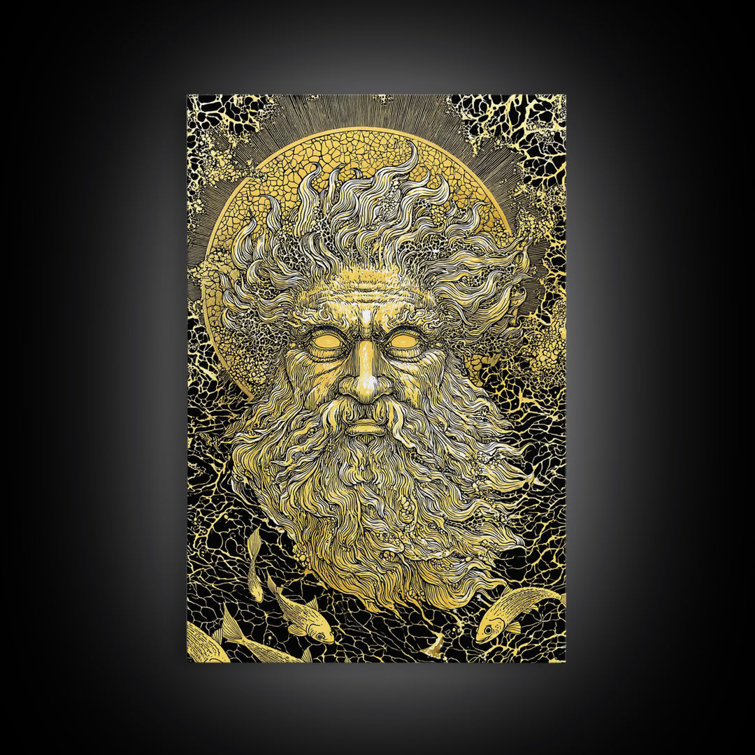 Ancient Sea God Oceanus Canvas Gold Art, Mythological Wall Print, Real Wood Frame, Classical Maritime Inspired Home Decor