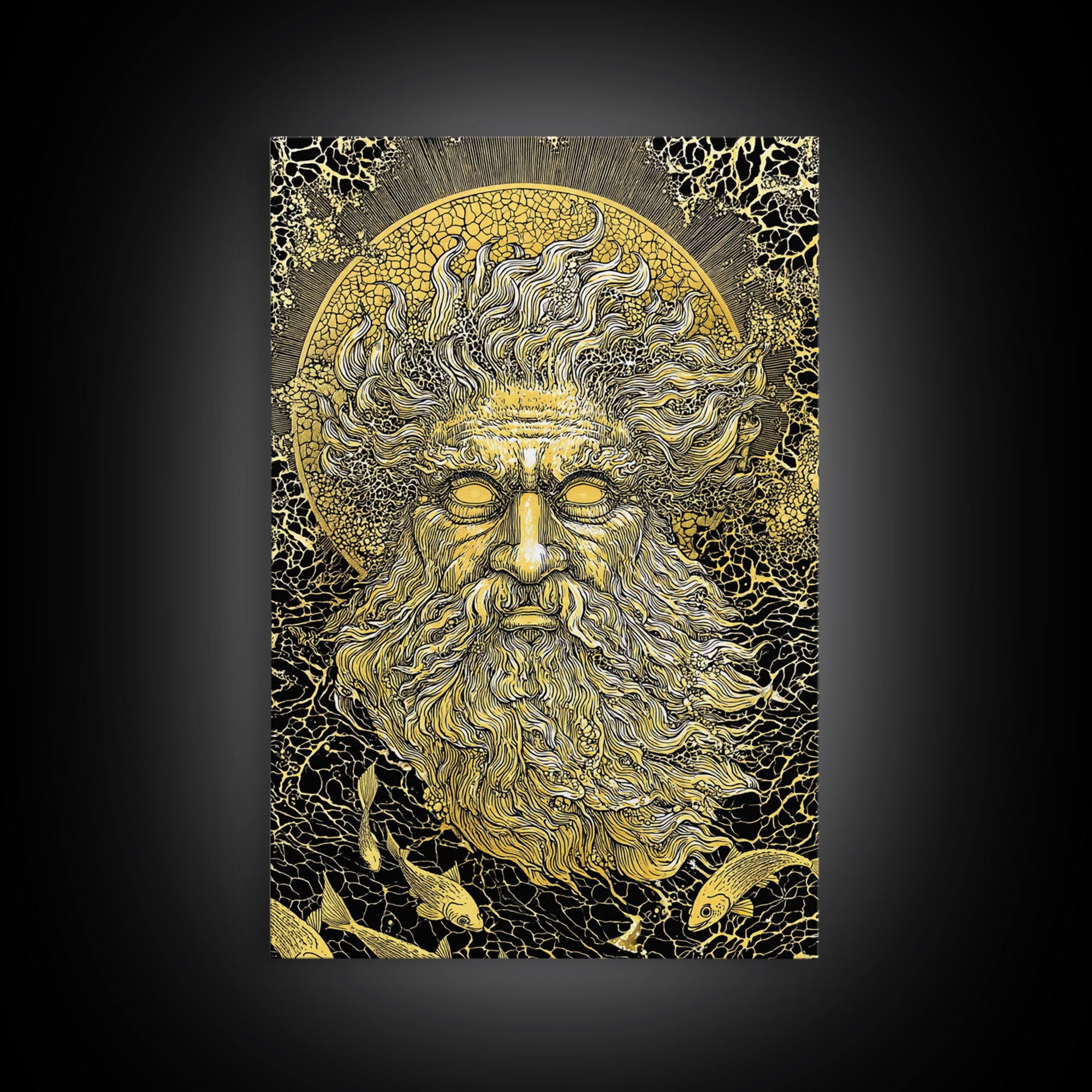 Ancient Sea God Oceanus Canvas Gold Art, Mythological Wall Print, Real Wood Frame, Classical Maritime Inspired Home Decor