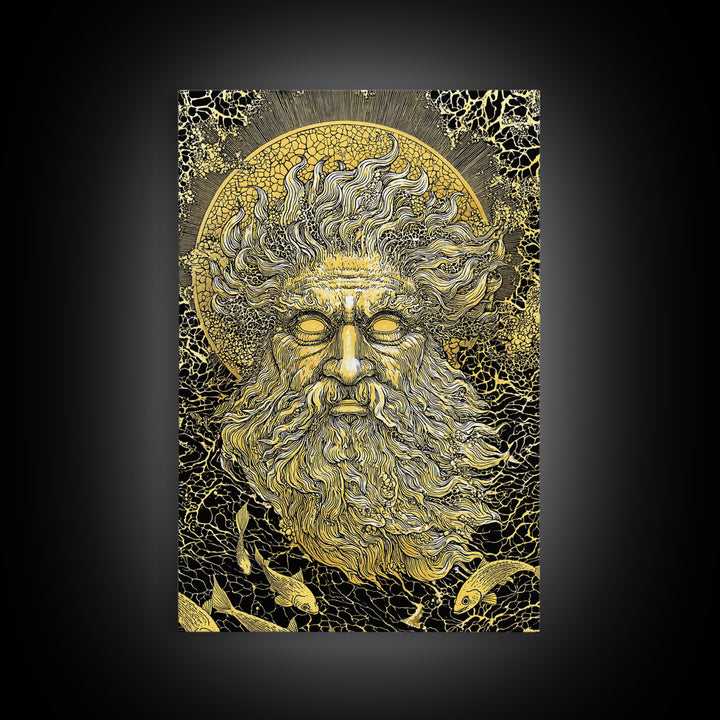 Ancient Sea God Oceanus Canvas Gold Art, Mythological Wall Print, Real Wood Frame, Classical Maritime Inspired Home Decor