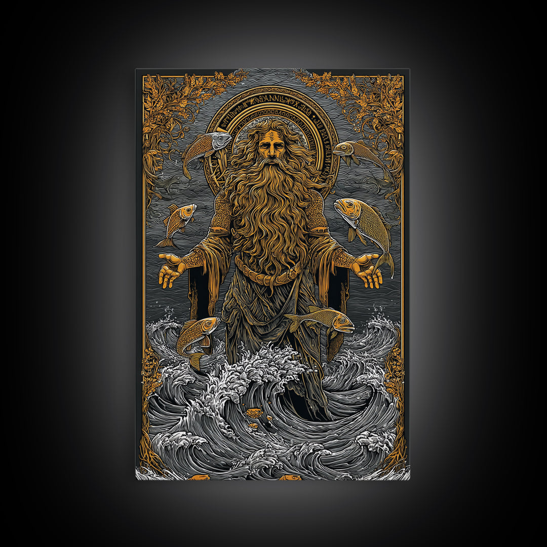 Powerful Titan Oceanus Canvas Gold Canvas Print, Greek Mythology Wall Art, Real Wood Frame, Luxury Ocean Inspired Home Accent