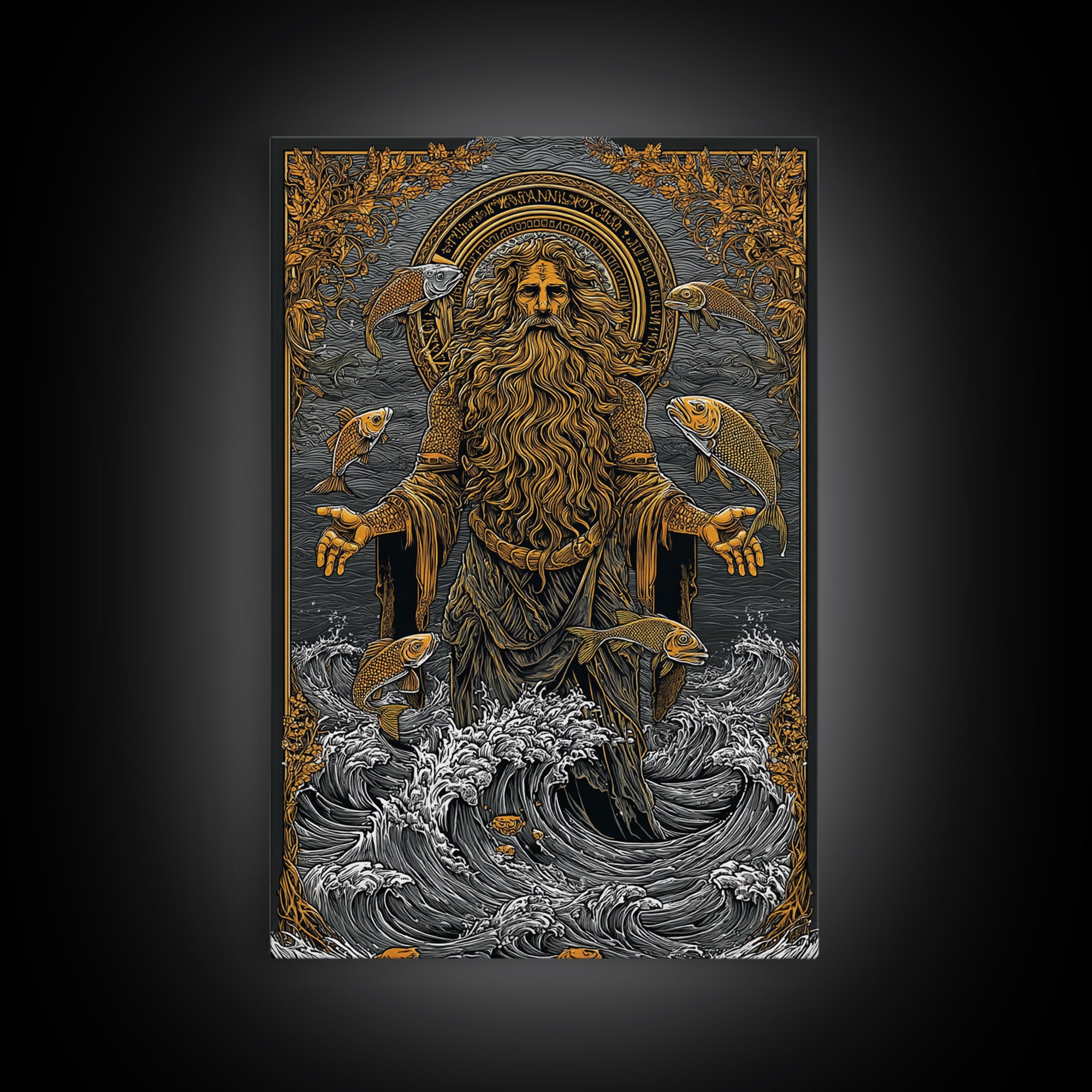Powerful Titan Oceanus Canvas Gold Canvas Print, Greek Mythology Wall Art, Real Wood Frame, Luxury Ocean Inspired Home Accent