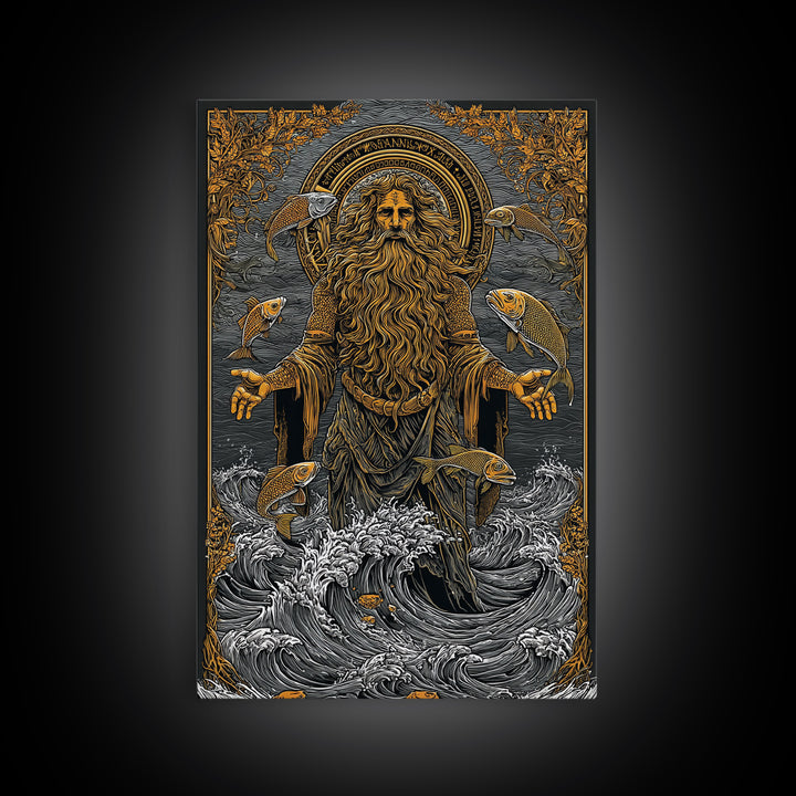 Powerful Titan Oceanus Canvas Gold Canvas Print, Greek Mythology Wall Art, Real Wood Frame, Luxury Ocean Inspired Home Accent