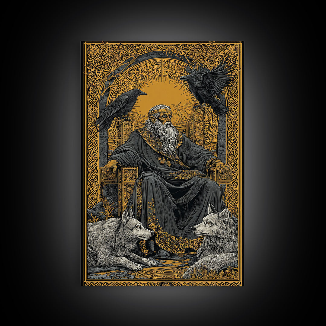 Odin Allfather Canvas Gold Canvas Print, Viking Mythology Wall Art, Real Wood Frame, Norse Legend Inspired Decor For Home