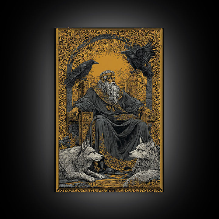 Odin Allfather Canvas Gold Canvas Print, Viking Mythology Wall Art, Real Wood Frame, Norse Legend Inspired Decor For Home