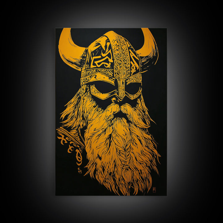 Norse Mythology Odin Canvas Gold Art, Viking Warrior God Canvas Print, Real Wood Frame, Ancient Scandinavian Wall Decoration