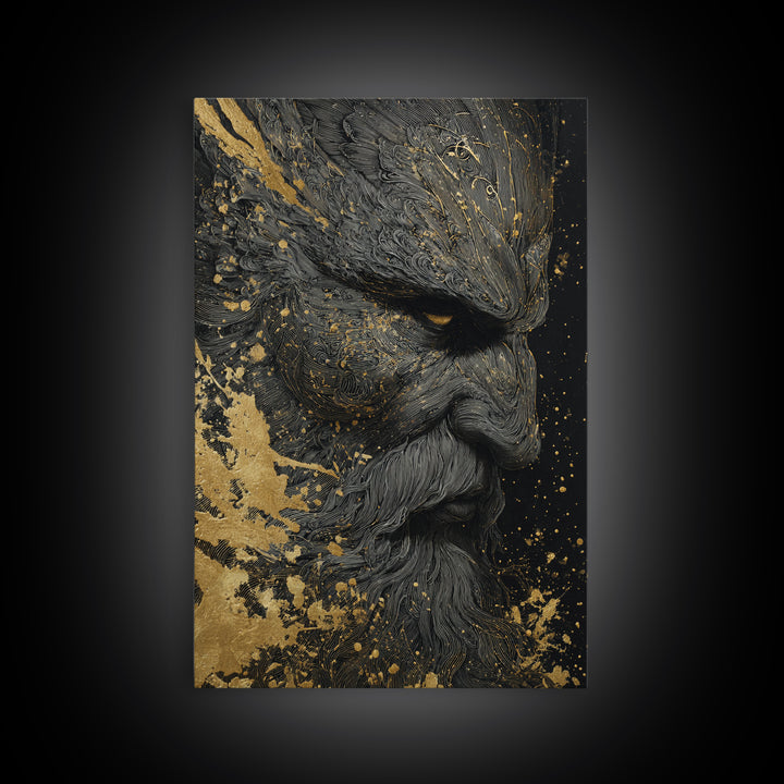 Bearded Warrior Portrait, Textured Detail, Canvas Gold Canvas Print, Mythological Art, Real Wood Frame, Norse Inspired Decor