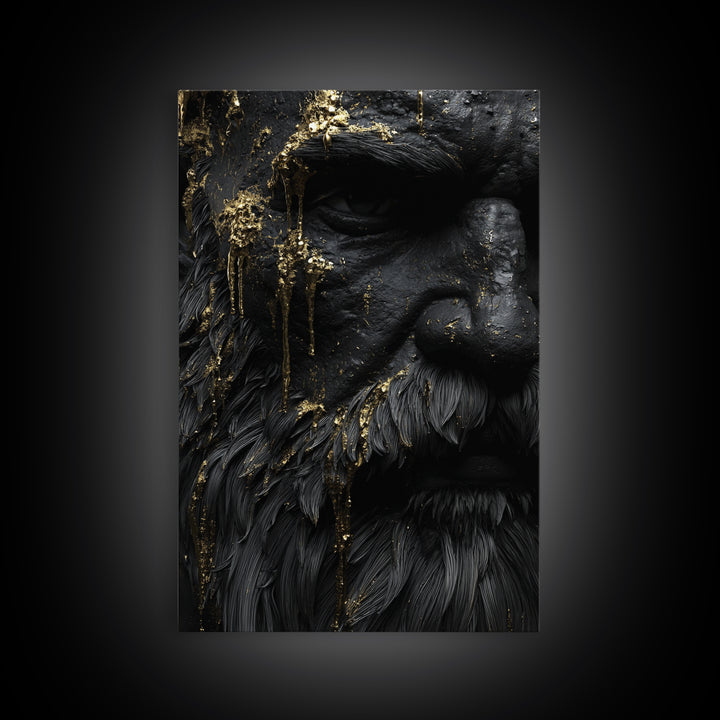 Abstract Mythological Face, Golden Tears Design, Canvas Gold Canvas Print, Textured Wall Art, Real Wood Frame, Dramatic Statement