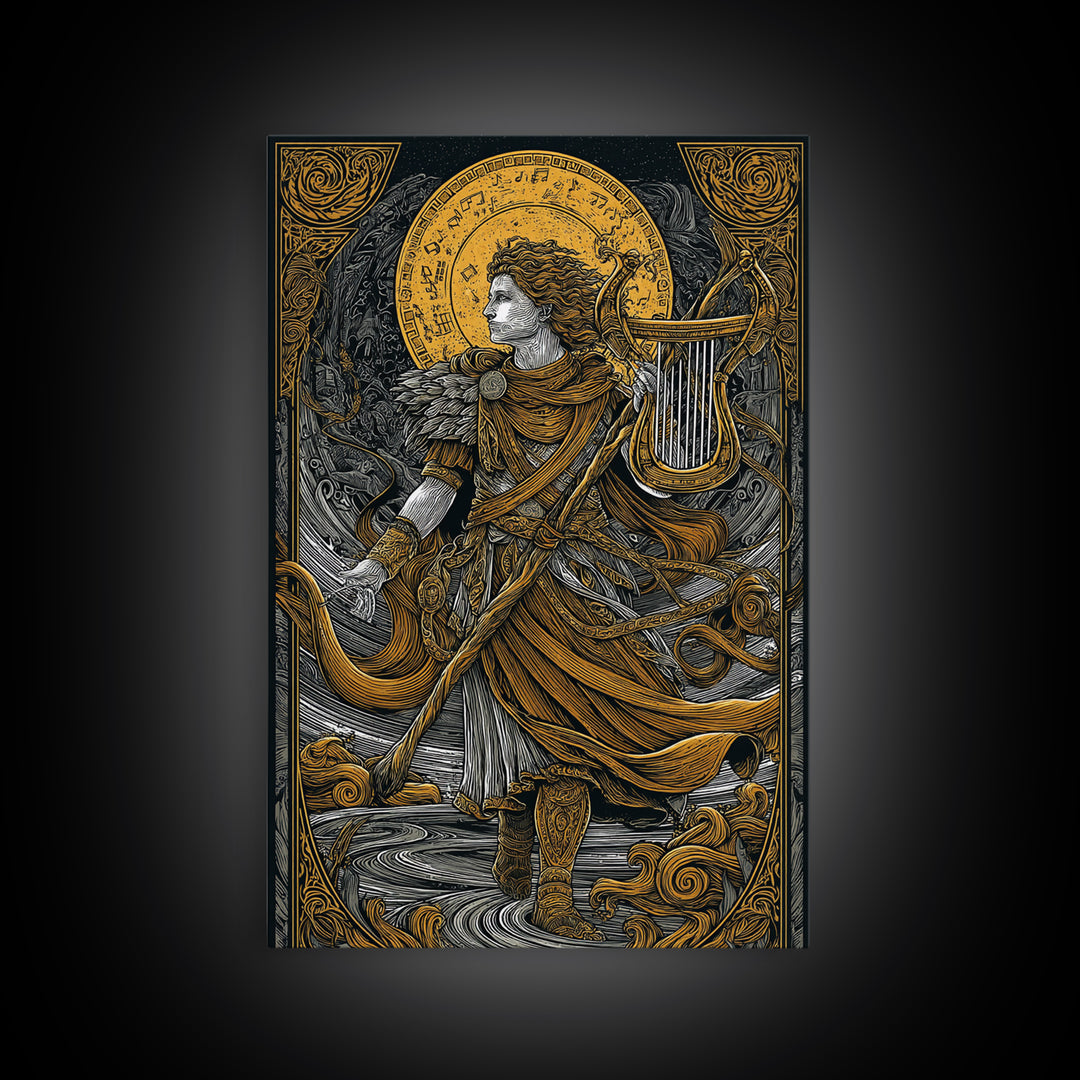 Apollo With Lyre, Greek God Of Music, Mythology Inspired Canvas Gold Canvas Print, Elegant Wall Art, Real Wood Frame, Divine Classic