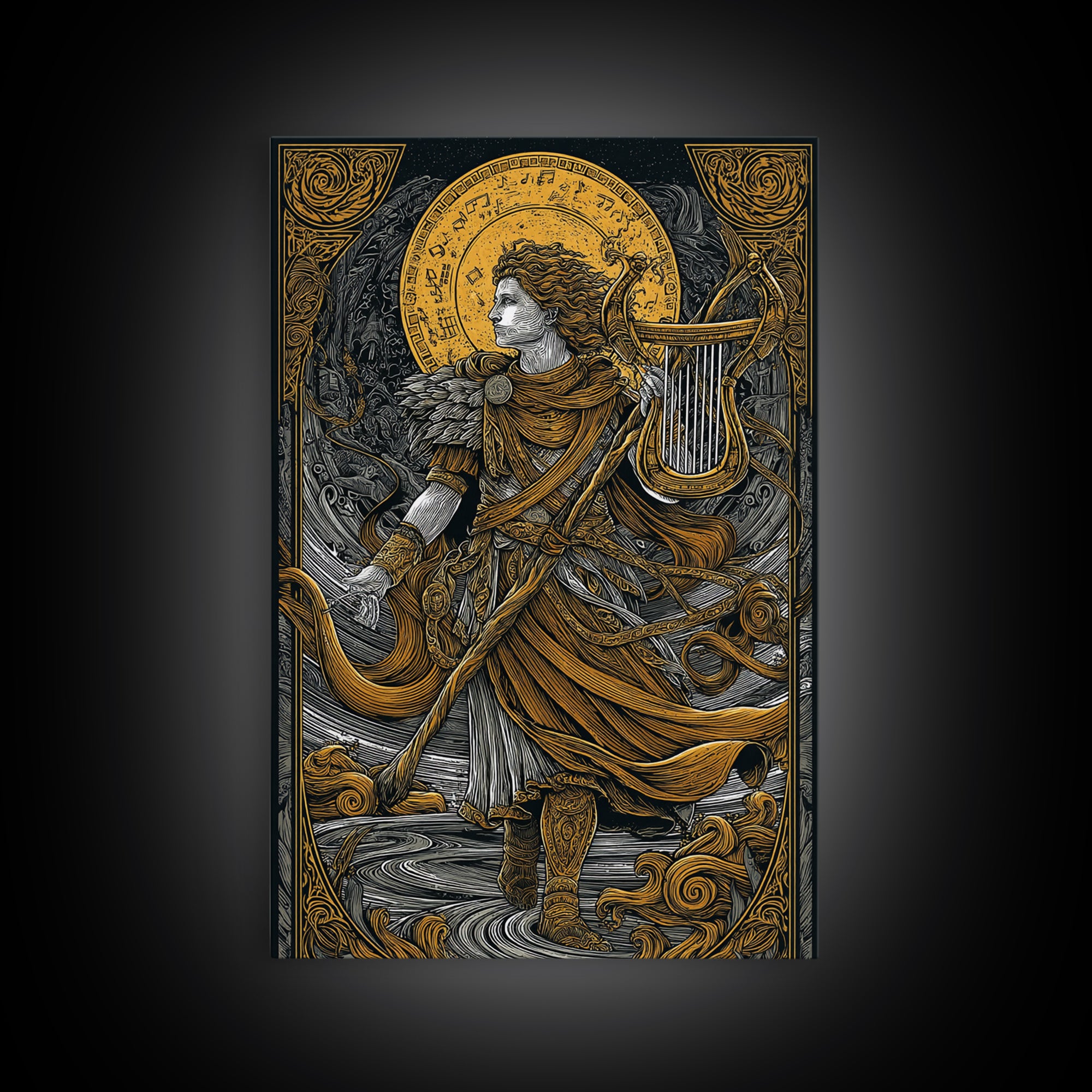 Apollo With Lyre, Greek God Of Music, Mythology Inspired Canvas Gold Canvas Print, Elegant Wall Art, Real Wood Frame, Divine Classic