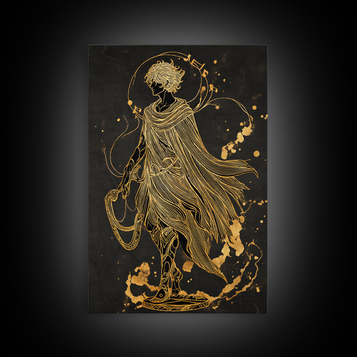 Apollo Figure With Flowing Cloak, Line Art Mythology Design, Canvas Gold Art, Mythical Wall Decor, Real Wood Frame, Elegant Greek