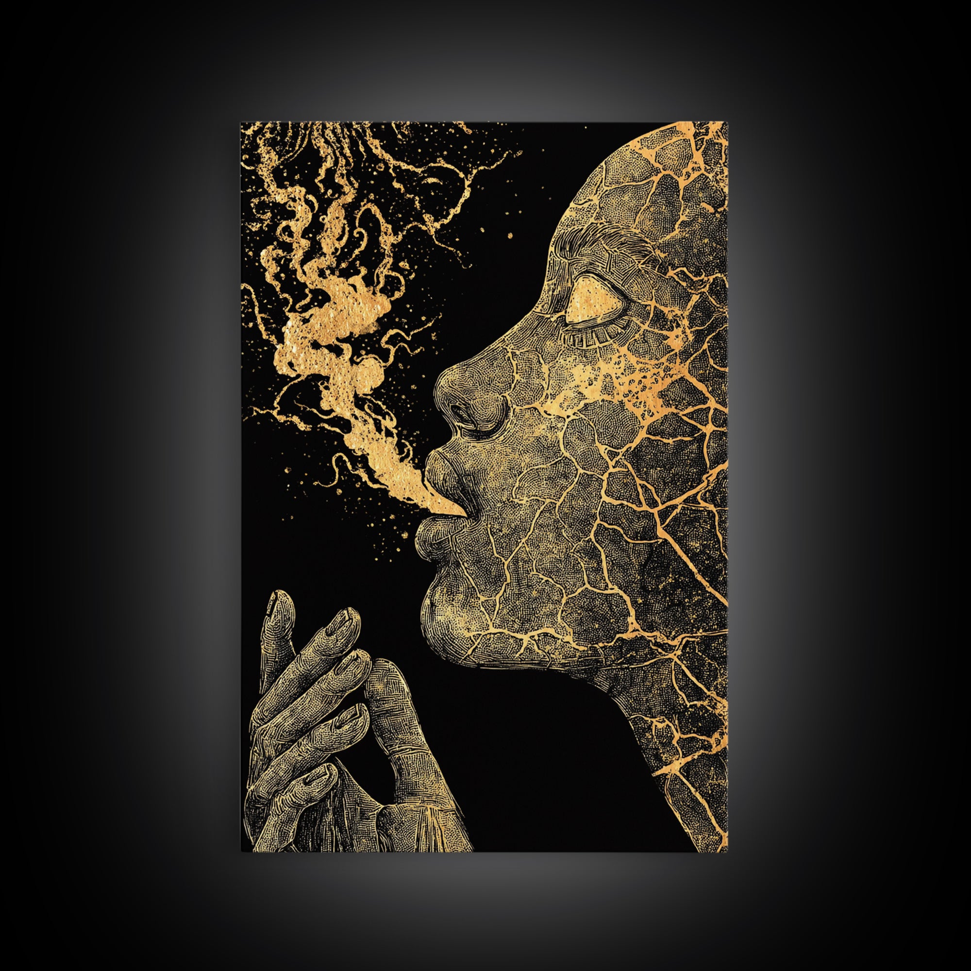 Mystical Goddess Face Exhaling Spirit, Surreal Mythology, Canvas Gold Canvas Print, Spiritual Wall Art, Real Wood Frame, Dreamlike