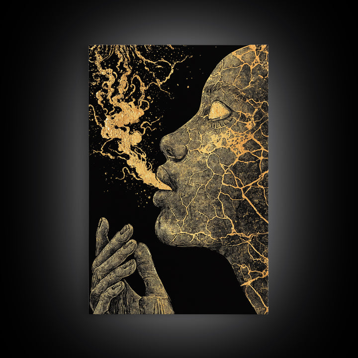 Mystical Goddess Face Exhaling Spirit, Surreal Mythology, Canvas Gold Canvas Print, Spiritual Wall Art, Real Wood Frame, Dreamlike