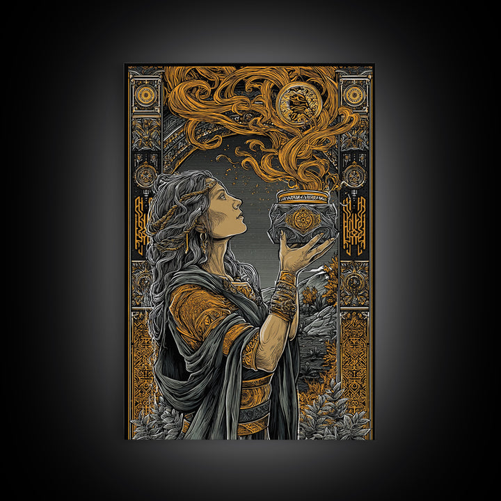 Pandora With Mythical Jar, Ancient Greek Mythology Canvas Gold Art, Detailed Decorative Wall Print, Real Wood Frame, Timeless Classic