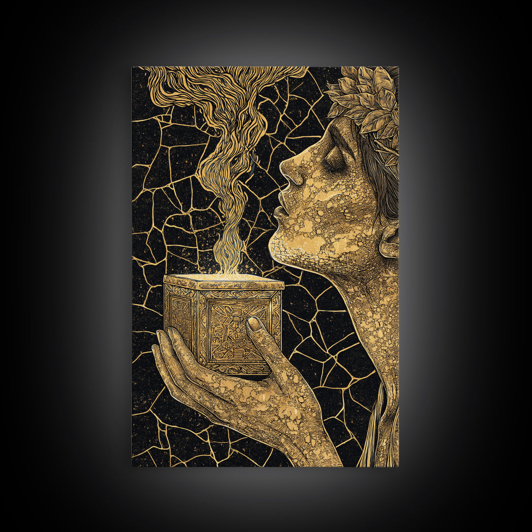 Pandora Opening Mythical Box, Surreal Greek Goddess Design, Canvas Gold Canvas Print, Mythological Wall Art, Real Wood Frame, Enchanting