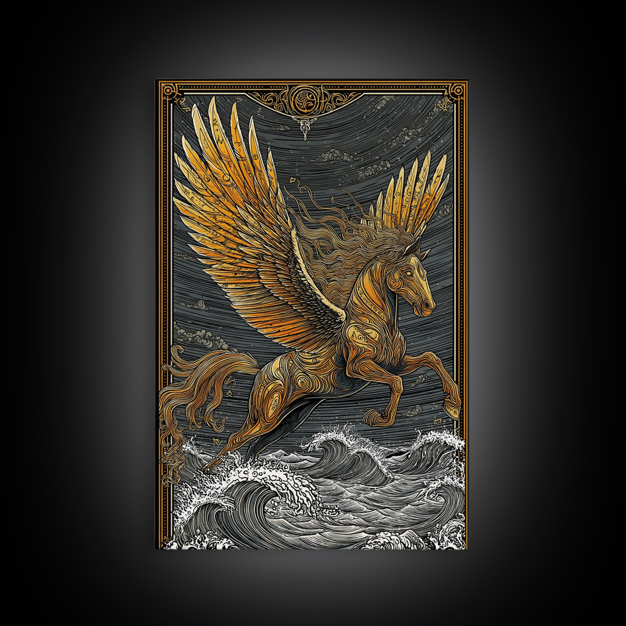 Pegasus Flying Above Waves, Mythical Winged Horse Art, Canvas Gold Art, Greek Mythology Wall Print, Real Wood Frame, Heroic Statement
