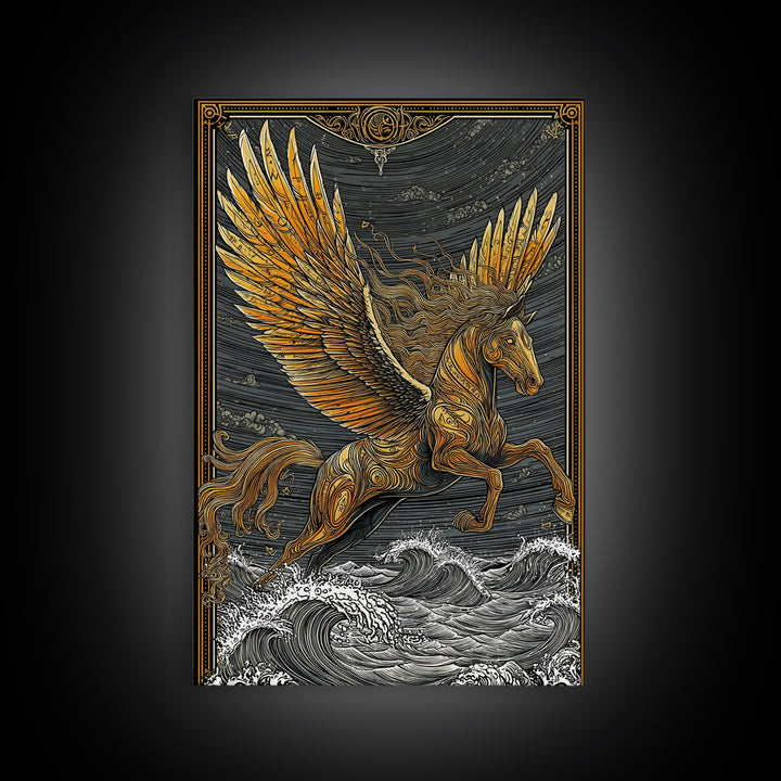 Pegasus Flying Above Waves, Mythical Winged Horse Art, Canvas Gold Art, Greek Mythology Wall Print, Real Wood Frame, Heroic Statement