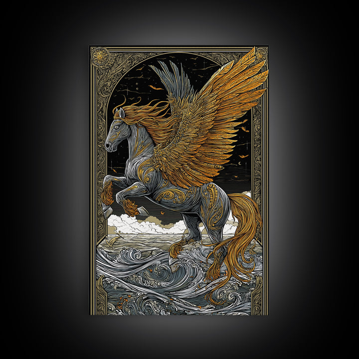 Winged Pegasus Canvas Gold Canvas Print, Mythology Wall Art, Luxury Equine Artwork, Real Wood Framed Mythical Decor