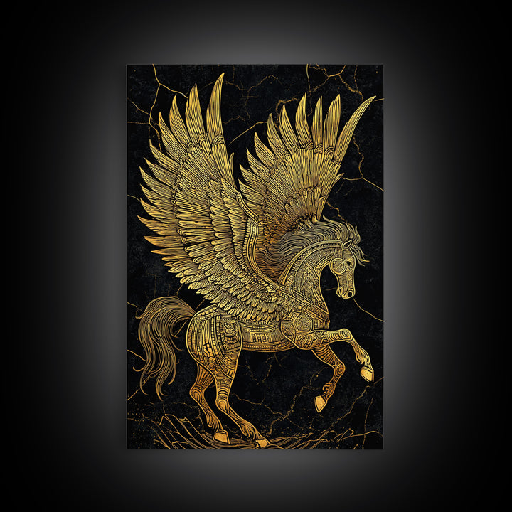 Golden Pegasus Canvas Gold Canvas Print, Mythological Horse Artwork, Elegant Home Wall Art, Real Wood Framed Fantasy Decor